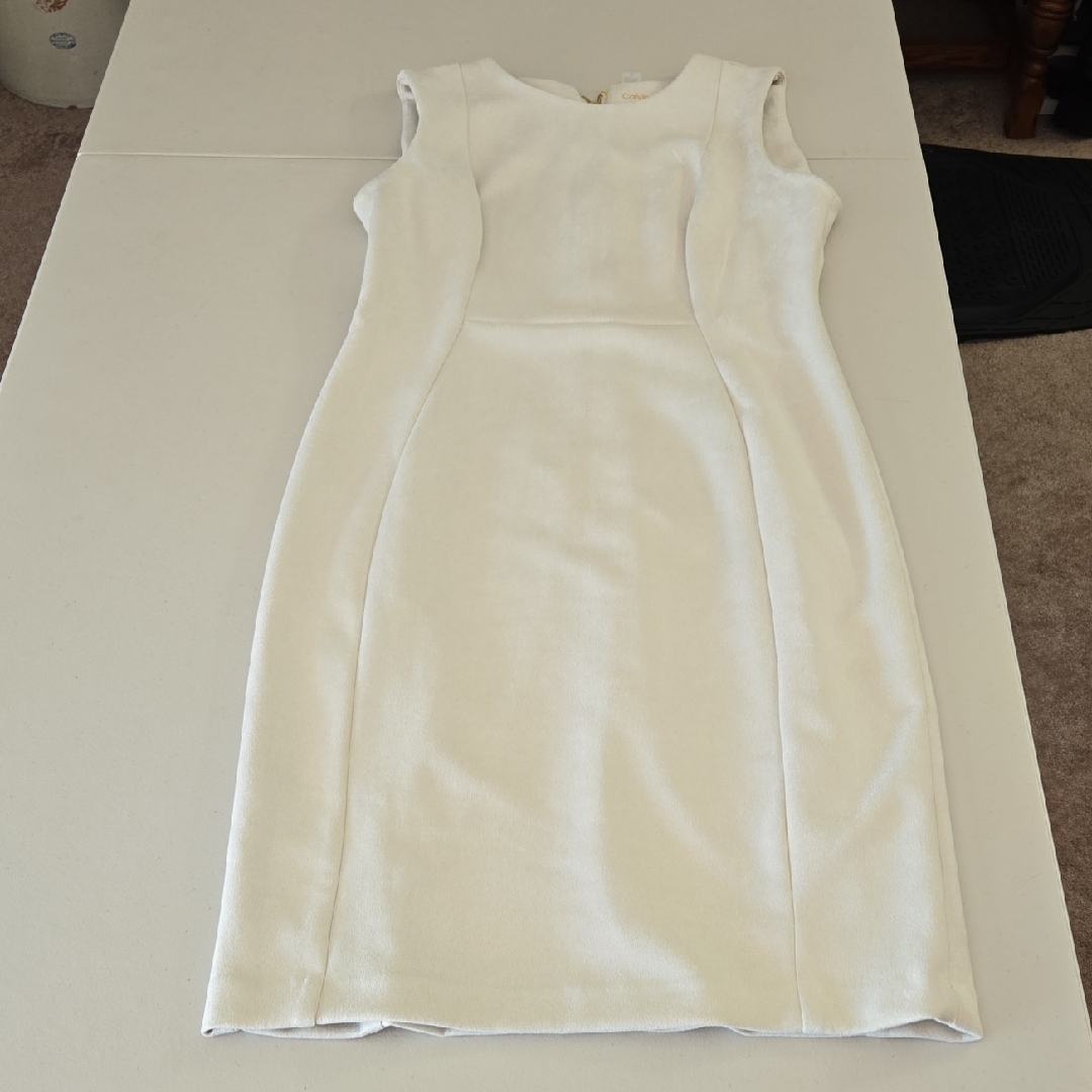 Calvin Klein Elegant Cream Faux Suede Sleeveless Dress, Size 8. New Without Tag